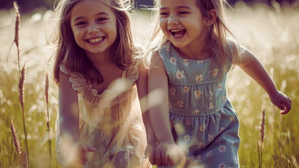 Two young girls running and laughing in a field, representing friendship and social development for girls with autism.