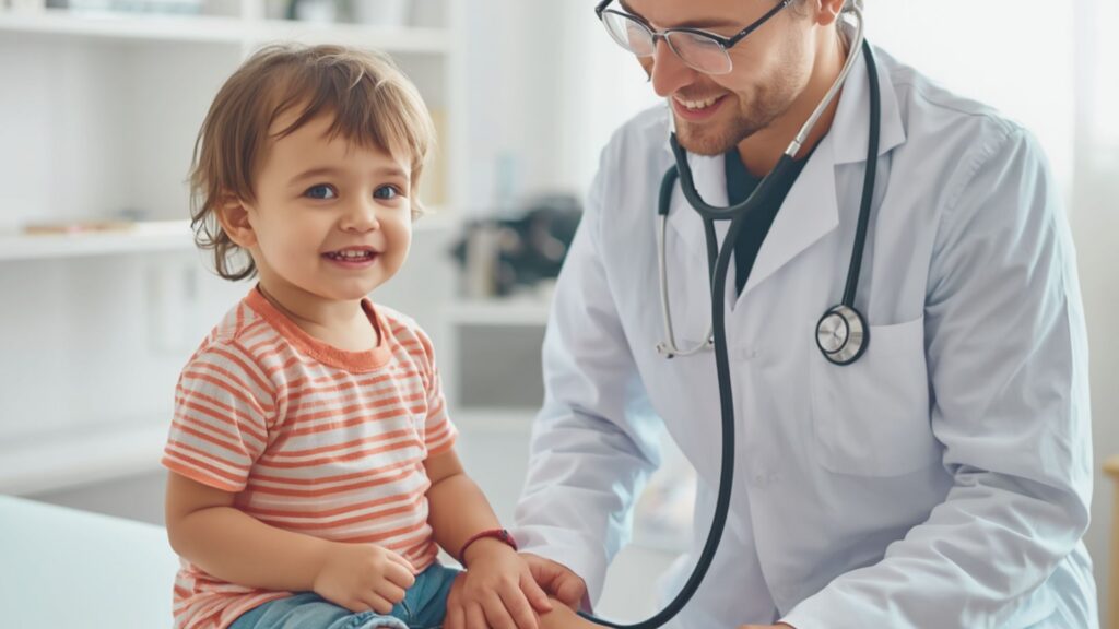Pediatrician smiling with young child during an autism evaluation visit