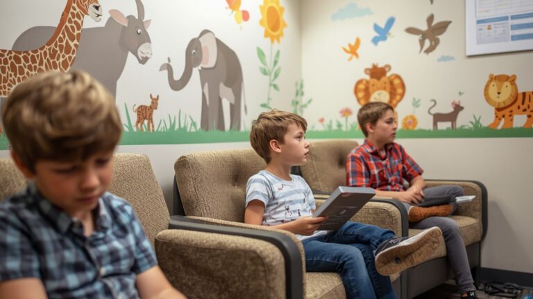 Children waiting in a pediatric clinic during an autism evaluation appointment