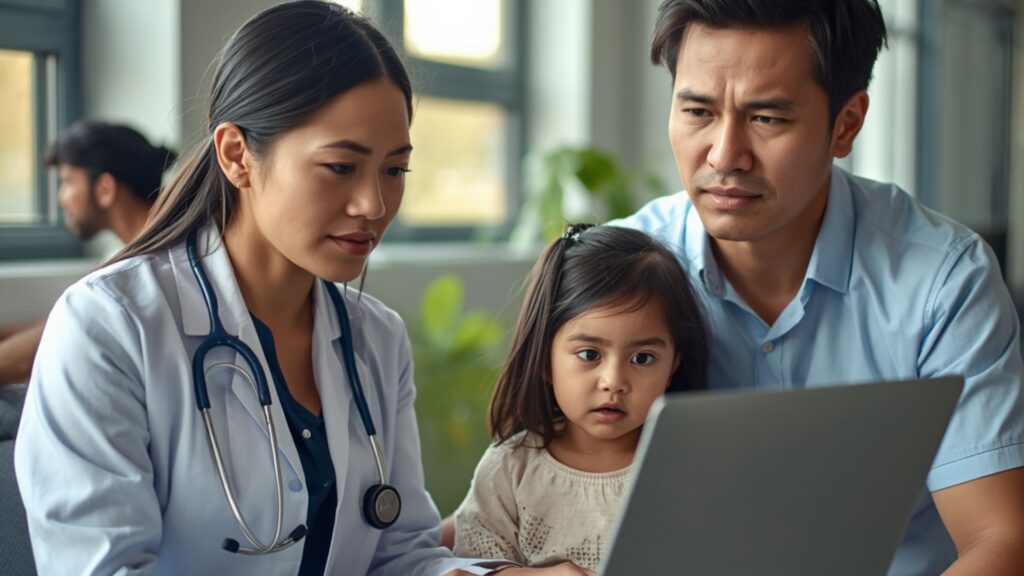 Doctor discusses the m-chat screening tool with parents and their young child during an autism screening consultation