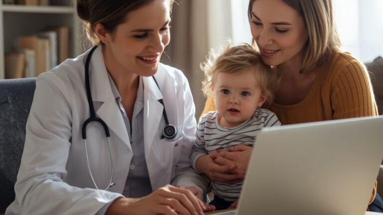 Pediatric provider reviews the M-CHAT screening tool with a parent and toddler during an early autism screening appointment