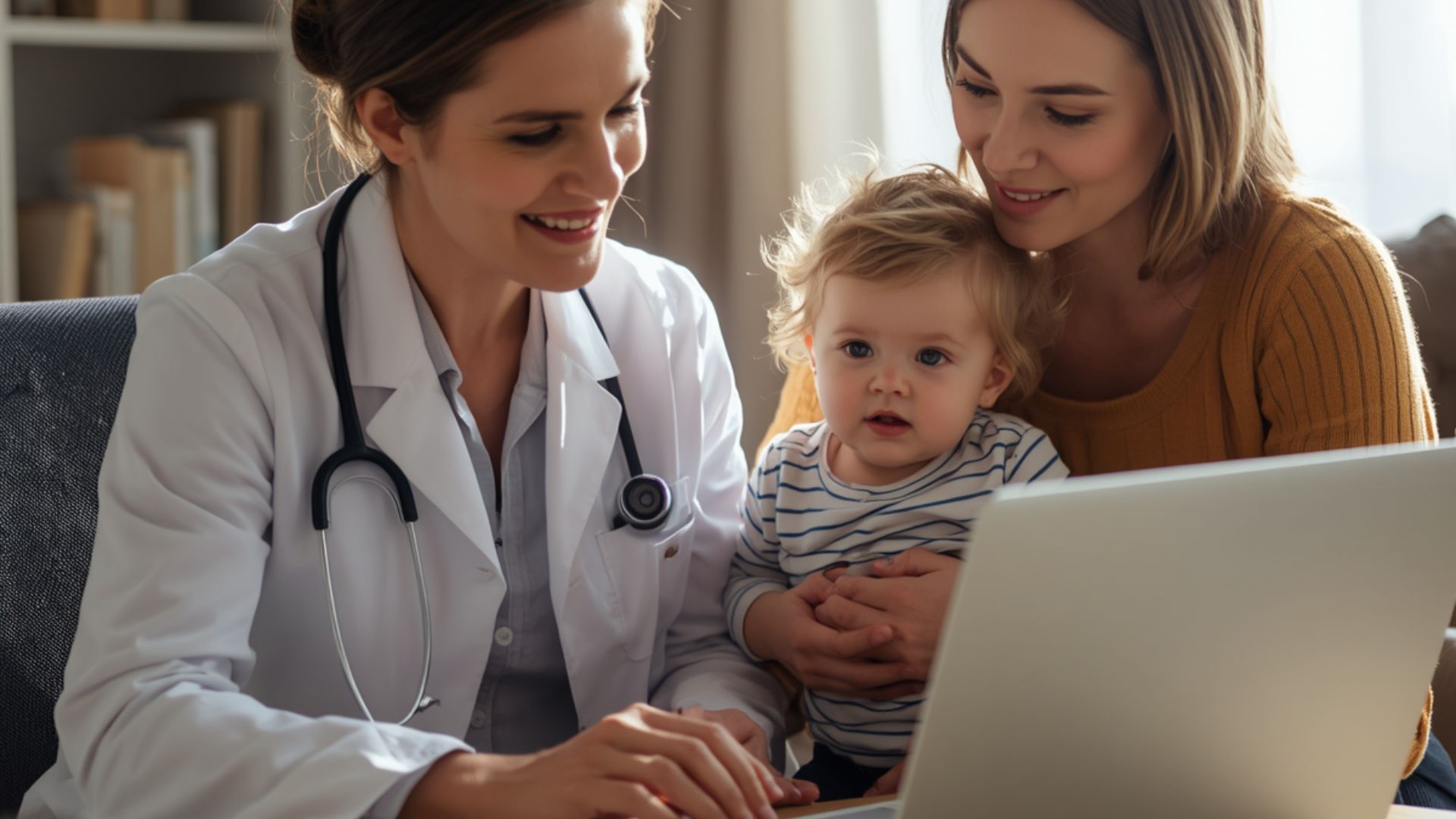 Pediatric provider reviews the M-CHAT screening tool with a parent and toddler during an early autism screening appointment