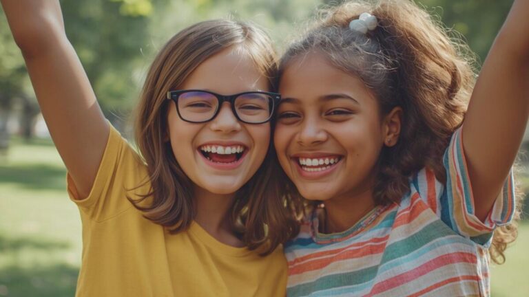 Two smiling young girls hugging in a park, illustrating friendship and social interactions among girls with autism.