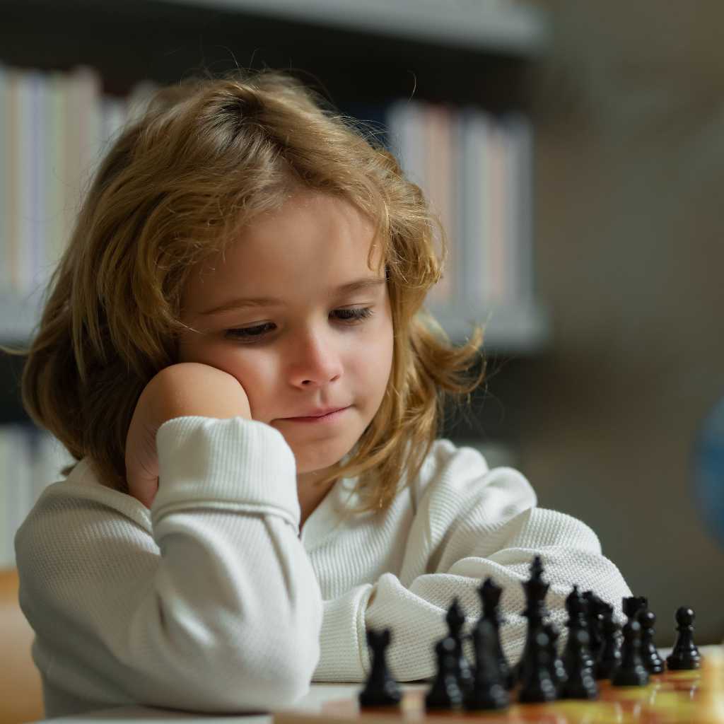 Child concentrating on chess game, reflecting intelligence and autism challenges